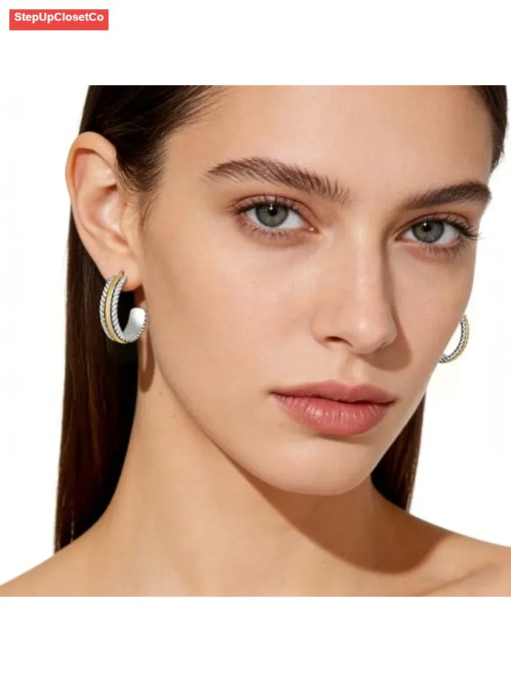 Two Tone Hoop Earrings for Women - Gold and Silver Plated Twisted Open C Hoops